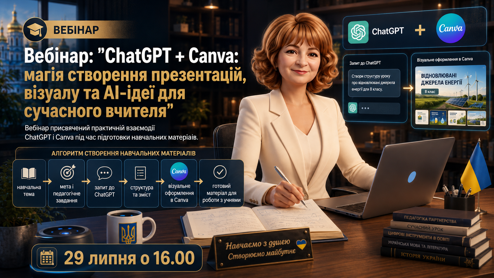 Вебінар "ChatGPT + Canva: магія створення презентацій, візуалу та AI-ідеї для сучасного вчителя"
