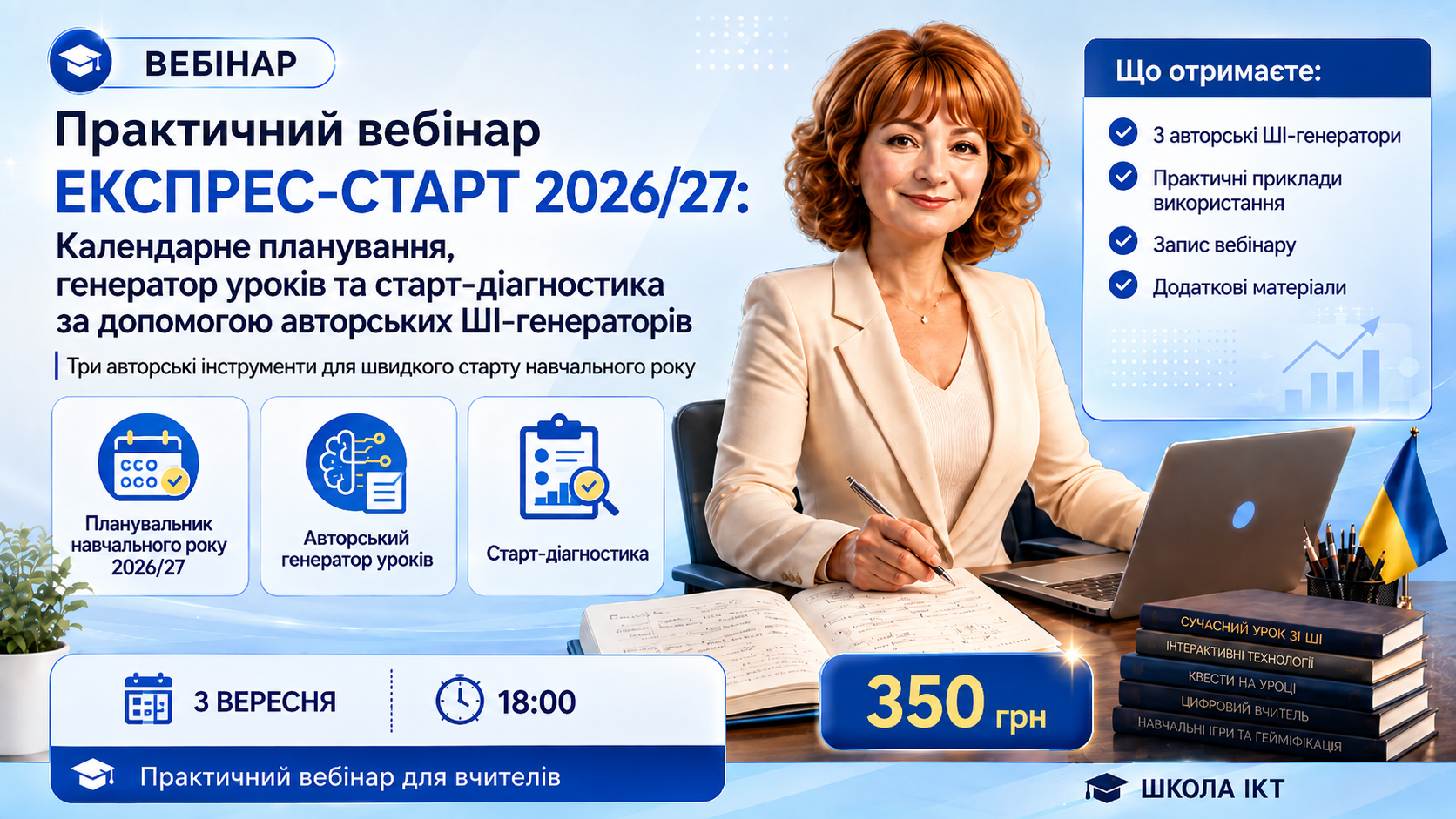 Практичний вебінар "ЕКСПРЕС-СТАРТ 2026/27: Календарне планування, генератор уроків та старт-діагностика за допомогою авторських ШІ-генератор