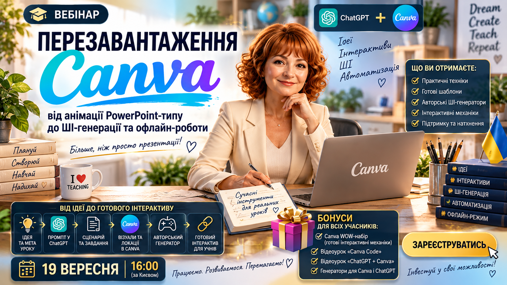 Вебінар "Перезавантаження Canva: від анімації PowerPoint-типу до ШІ-генерації та офлайн-роботи"