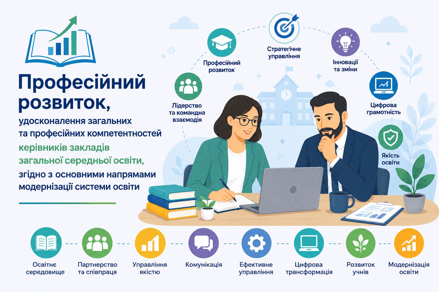 Професійний розвиток, удосконалення загальних та професійних компетентностей керівників закладів загальної середньої освіти, згідно з основними напрямами модернізації системи освіти