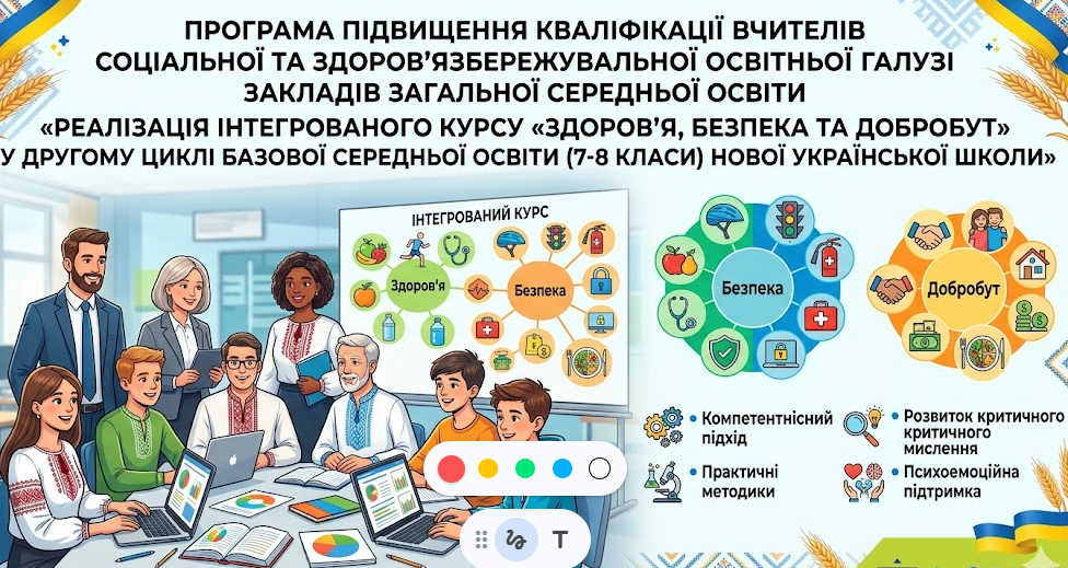 Програма підвищення кваліфікації вчителів соціальної та здоров’язбережувальної освітньої галузі «РЕАЛІЗАЦІЯ ІНТЕГРОВАНОГО КУРСУ «ЗДОРОВ’Я, БЕЗПЕКА ТА ДОБРОБУТ» У ДРУГОМУ ЦИКЛІ БАЗОВОЇ СЕРЕДНЬОЇ ОСВІТИ (7-9 КЛАСИ) НУШ»