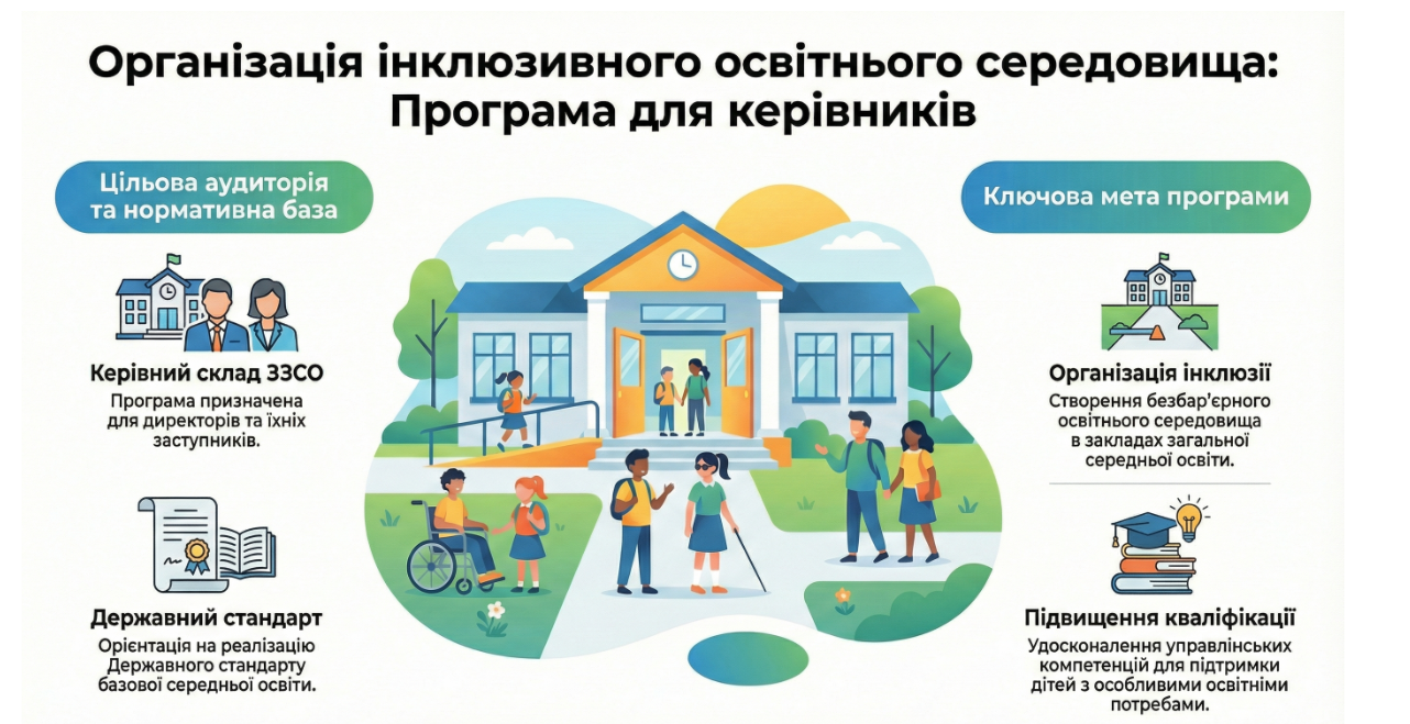 ОРГАНІЗАЦІЯ ІНКЛЮЗИВНОГО ОСВІТНЬОГО СЕРЕДОВИЩА ЗАКЛАДУ ЗАГАЛЬНОЇ СЕРЕДНЬОЇ ОСВІТИ  ПРОГРАМА підвищення кваліфікації керівників, заступників керівників  закладів загальної середньої освіти,  які реалізують Державний стандарт базової середньої освіти